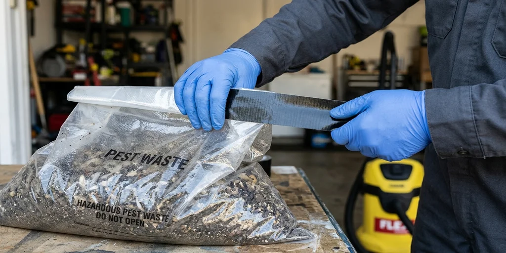 Persona sellando bolsa de aspiradora con cinta americana