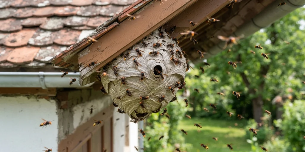 Avispas asiáticas en un nido en la cornisa de una casa