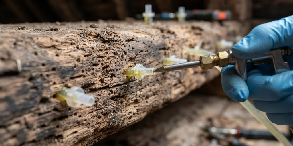 Válvulas de inyección colocadas en una viga de madera con carcoma