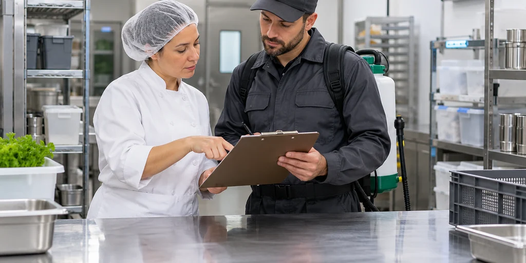 Supervisora y trabajadores revisando un checklist de higiene en una cocina profesional