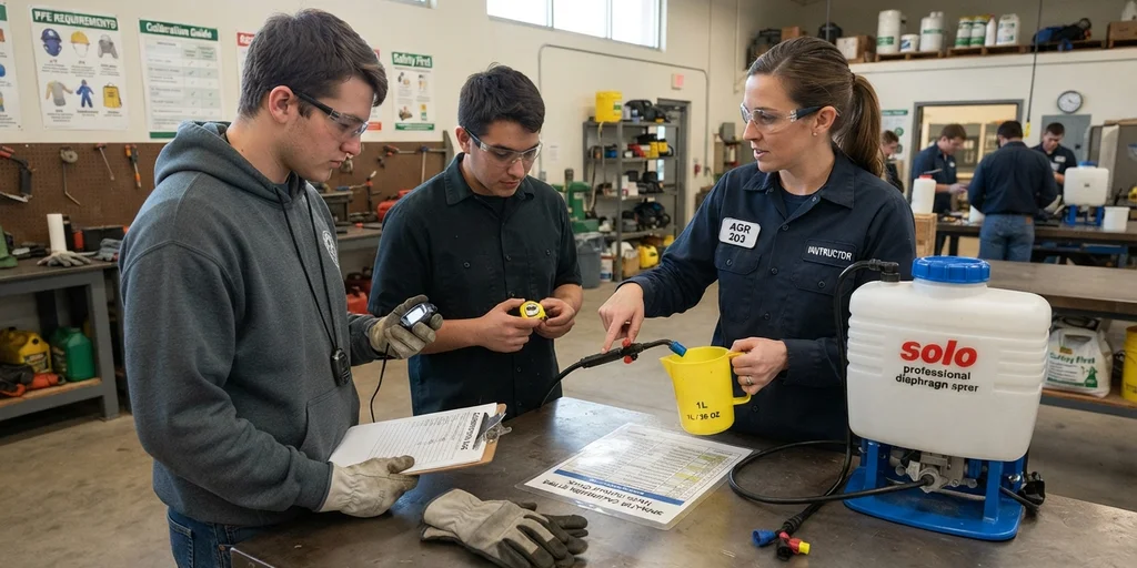 Estudiantes en un aula taller aprendiendo a calibrar un pulverizador