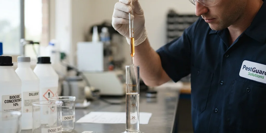 Técnico usando una pipeta para dosificar un producto biocida con precisión