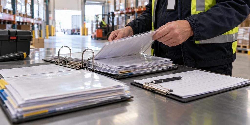 Carpeta con formularios de inspección sobre una mesa de trabajo en un almacén