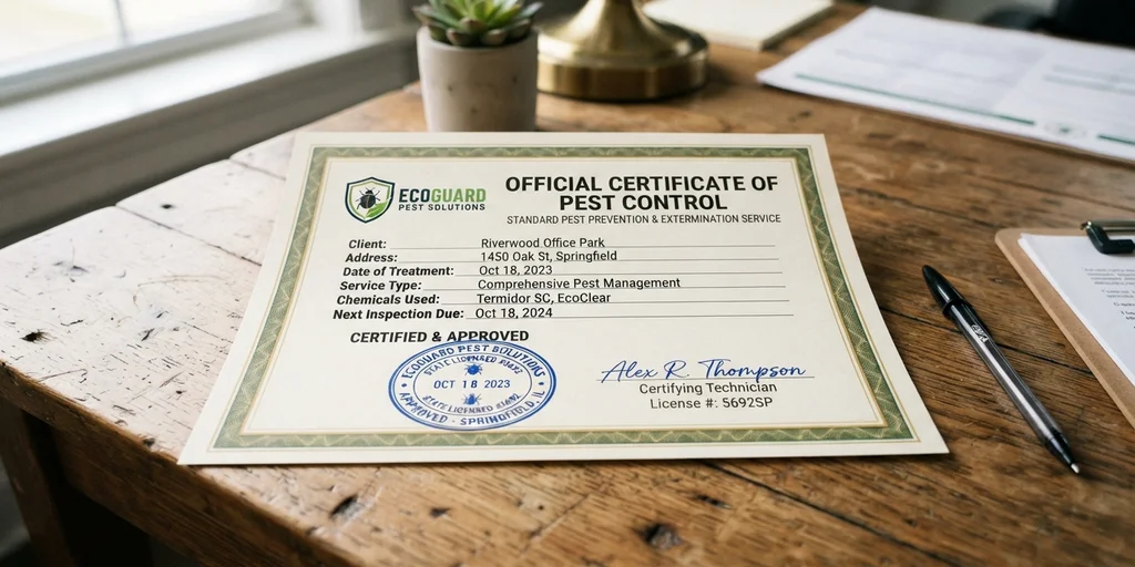 Documento oficial del Certificado de Control de Plagas con sello y firma