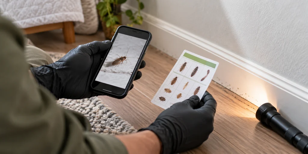 Profesional comparando una fotografía de un insecto con señales observadas junto a un rodapié