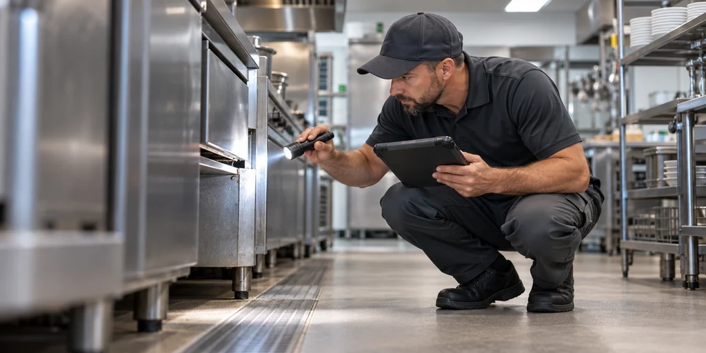 Técnico confirmando una posible plaga con linterna y tablet durante una inspección profesional
