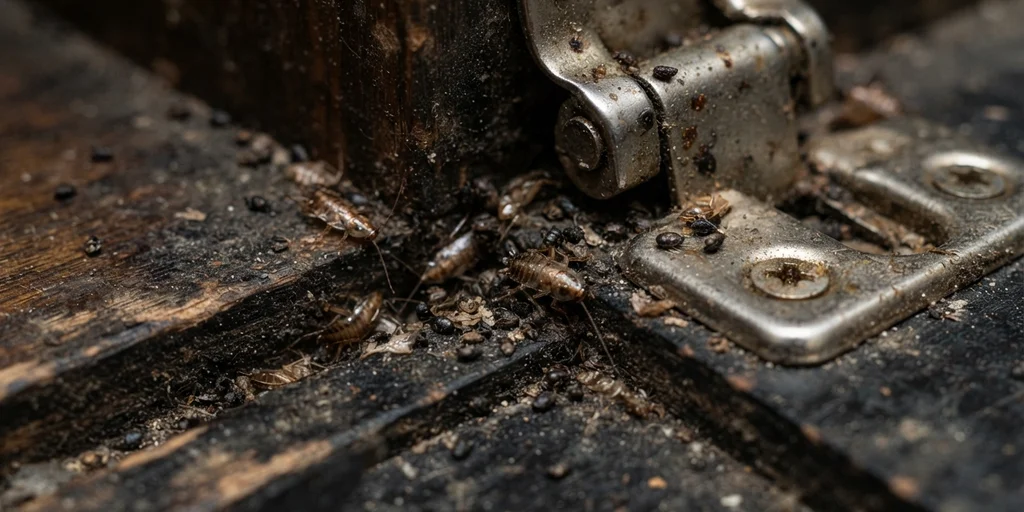 Excrementos y mudas de cucaracha cerca de una bisagra