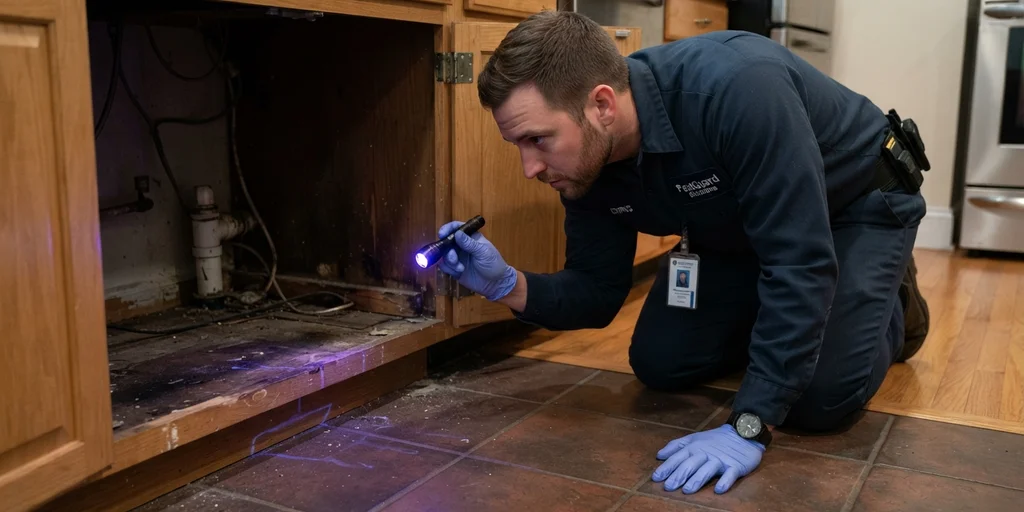 Técnico inspeccionando con linterna UV debajo de un mueble de cocina