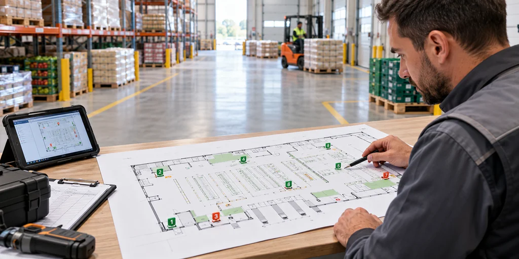 Técnico revisando un plano de dispositivos de monitoreo en un almacén