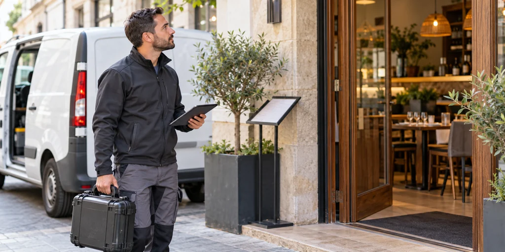 Técnico de control de plagas registrando la llegada y el resultado de una visita en un comercio