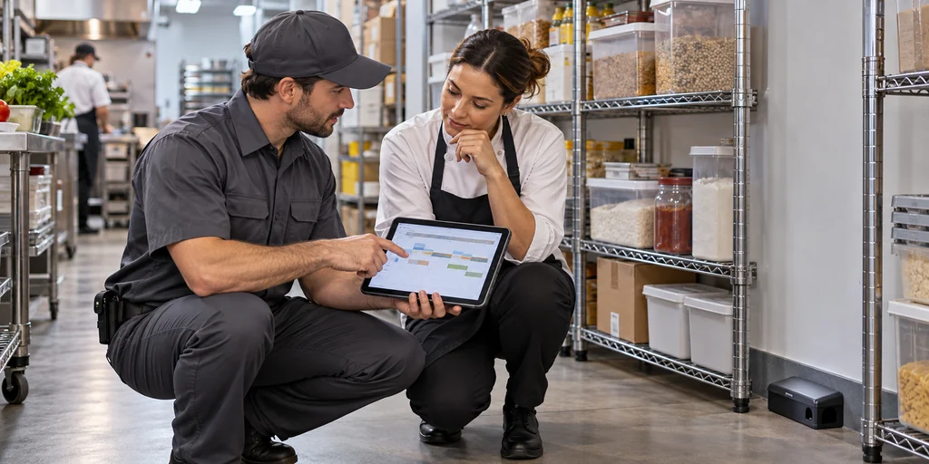 Técnico y responsable de un negocio revisando el calendario y el plan preventivo de control de plagas