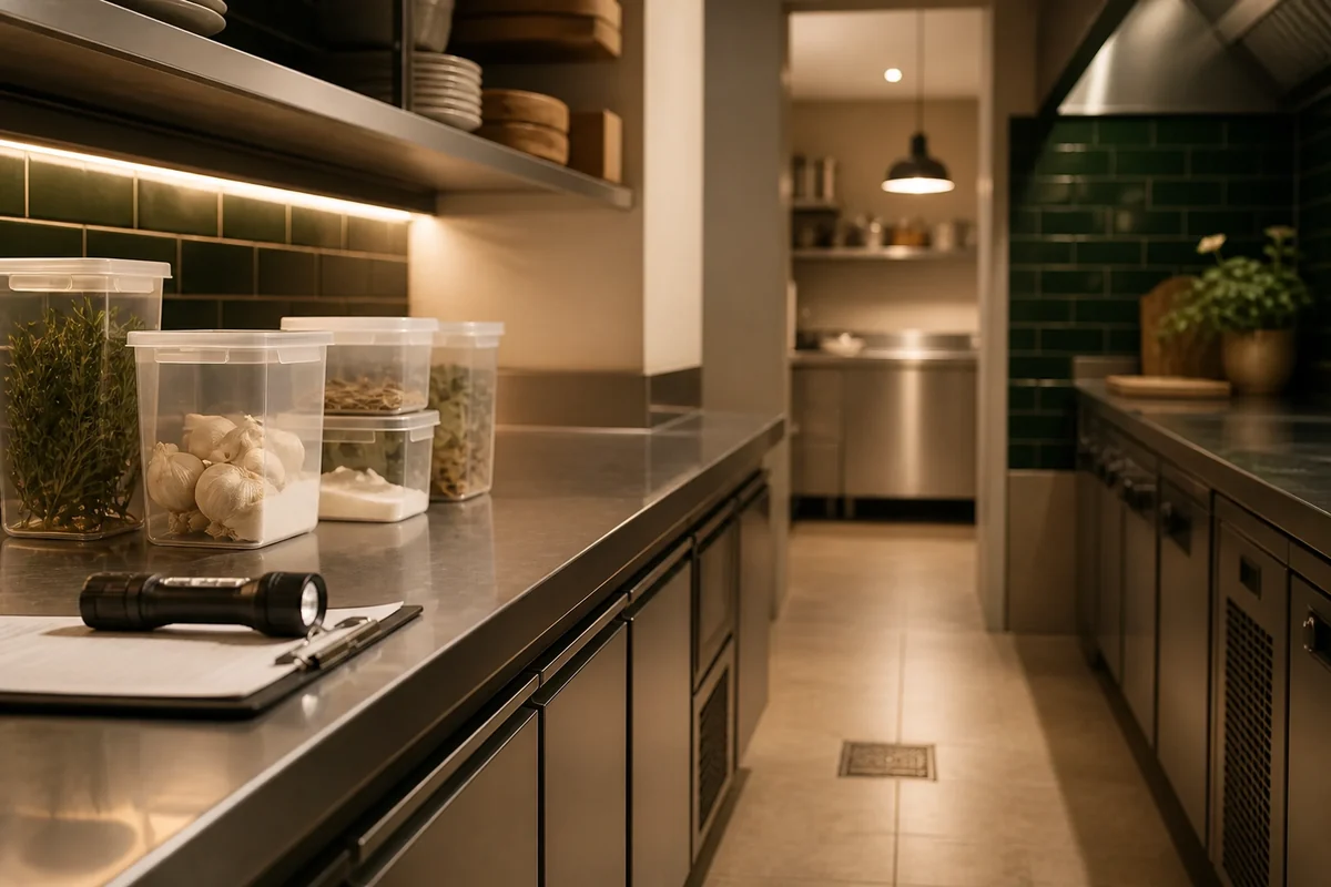 Cocina profesional limpia preparada para una inspección